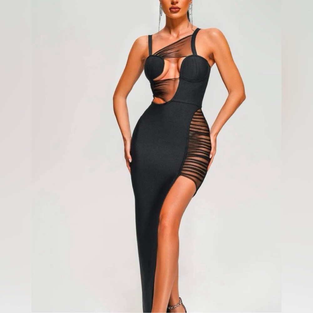 Bella Barnett Elegant Black Mesh Cutout Dress